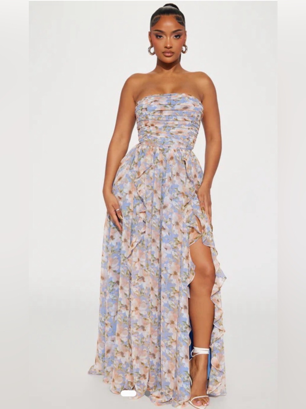Strapless Floral Ruffle Maxi Dress in Pastel Blue